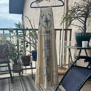 Free People Cream and Blue Embroidered Dress